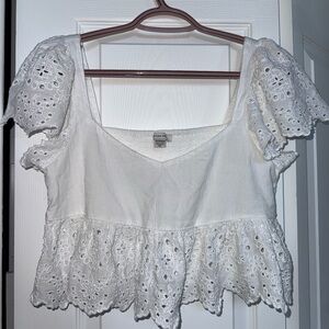 American Eagle Outfitters White Eyelet Peplum Crop Top with Square Neck